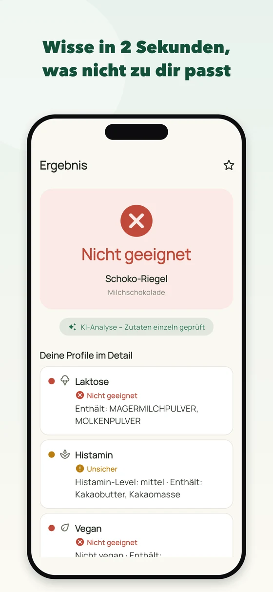 App-Screenshot: Ergebnis „Nicht geeignet“ mit roter Ampel und Detailbegründung pro Profil