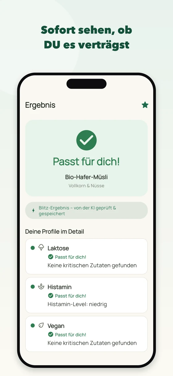 App-Screenshot: Ergebnis „Passt für dich!“ für ein Bio-Hafer-Müsli mit grüner Ampel und Detailprüfung pro Profil