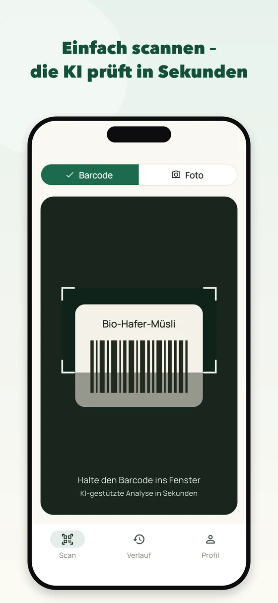 App-Screenshot: Barcode-Scanner mit Sucher-Rahmen über einem Produkt-Barcode