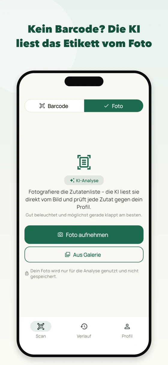 App-Screenshot: KI-Foto-Scan zum Fotografieren der Zutatenliste